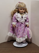 Load image into Gallery viewer, Russ Porcelain Doll of the Month February Amethyst Stone Necklace Girl Birthday
