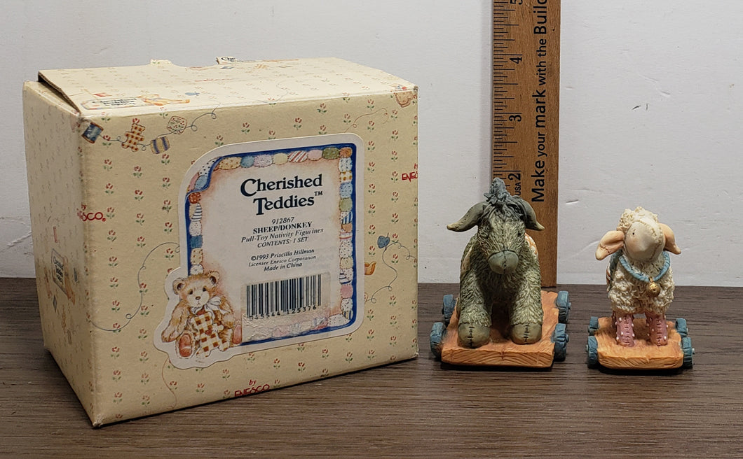 Cherished Teddies 912867 Sheep/Donkey Pull-Toy Nativity Figurines 1993