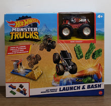 Load image into Gallery viewer, Hot Wheels Monster Trucks Launch &amp; Bash Playset with Launcher, 4 Crushed Cars, 1 1:64 Scale Monster Truck, Landing Zone for Stunting
