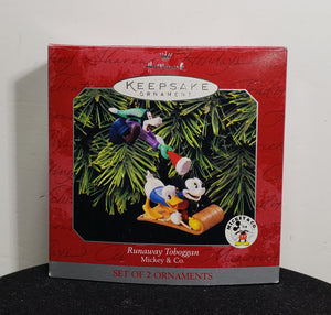 Hallmark Keepsake Runaway Toboggan Mickey & Co. Set of 2 Christmas Ornament 1998