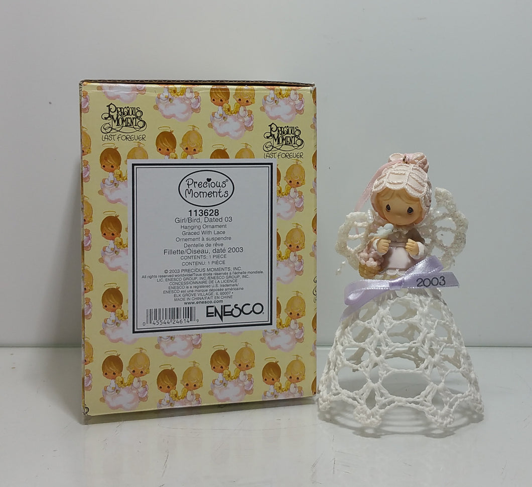Precious Moments GRACED with LACE Lace Ornament - Angel Girl with Blue Bird - 2003