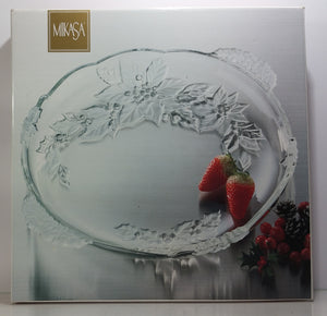 Mikasa Germany Heavy Festive Raised Poinsettia Clear Glass Platter Handle 15.75"