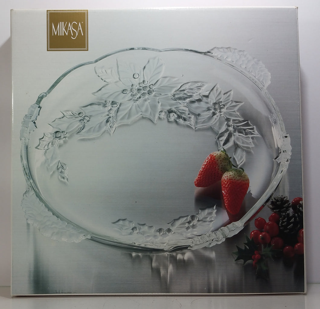 Mikasa Germany Heavy Festive Raised Poinsettia Clear Glass Platter Handle 15.75