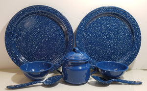 7 PIC SET BLUE SPECKLED ENAMEL WARE for Camping