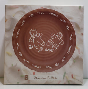 Gingerbread Boy Girl 10.5" Brown Stoneware Pie Plate with Christmas Candy Trim