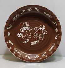 Load image into Gallery viewer, Gingerbread Boy Girl 10.5&quot; Brown Stoneware Pie Plate with Christmas Candy Trim
